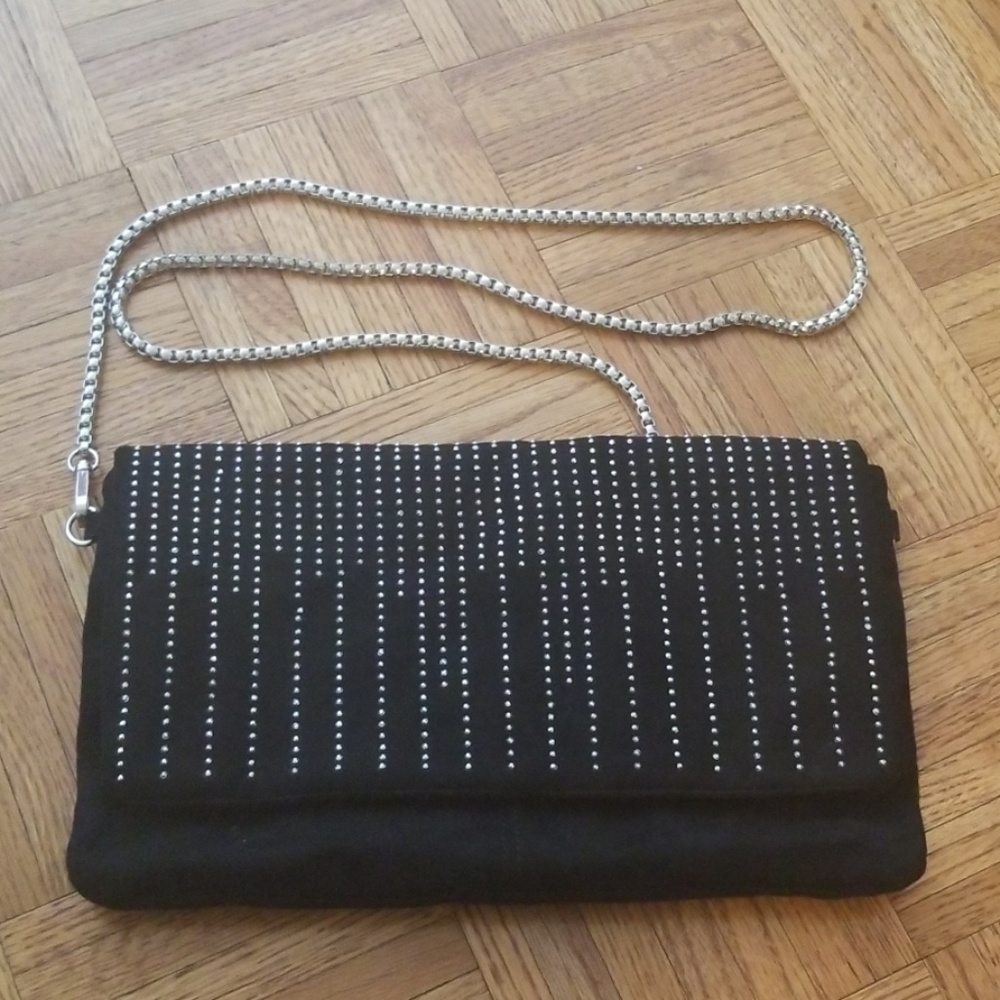 Black suede clutch bag with silver chain strap